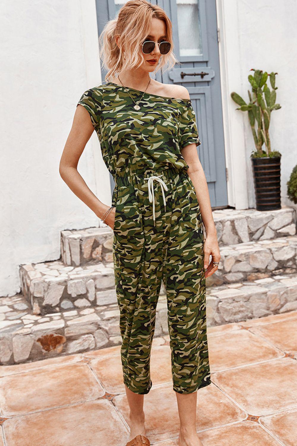 Camouflage Drawstring Crop Leg Jumpsuit BLUE ZONE PLANET