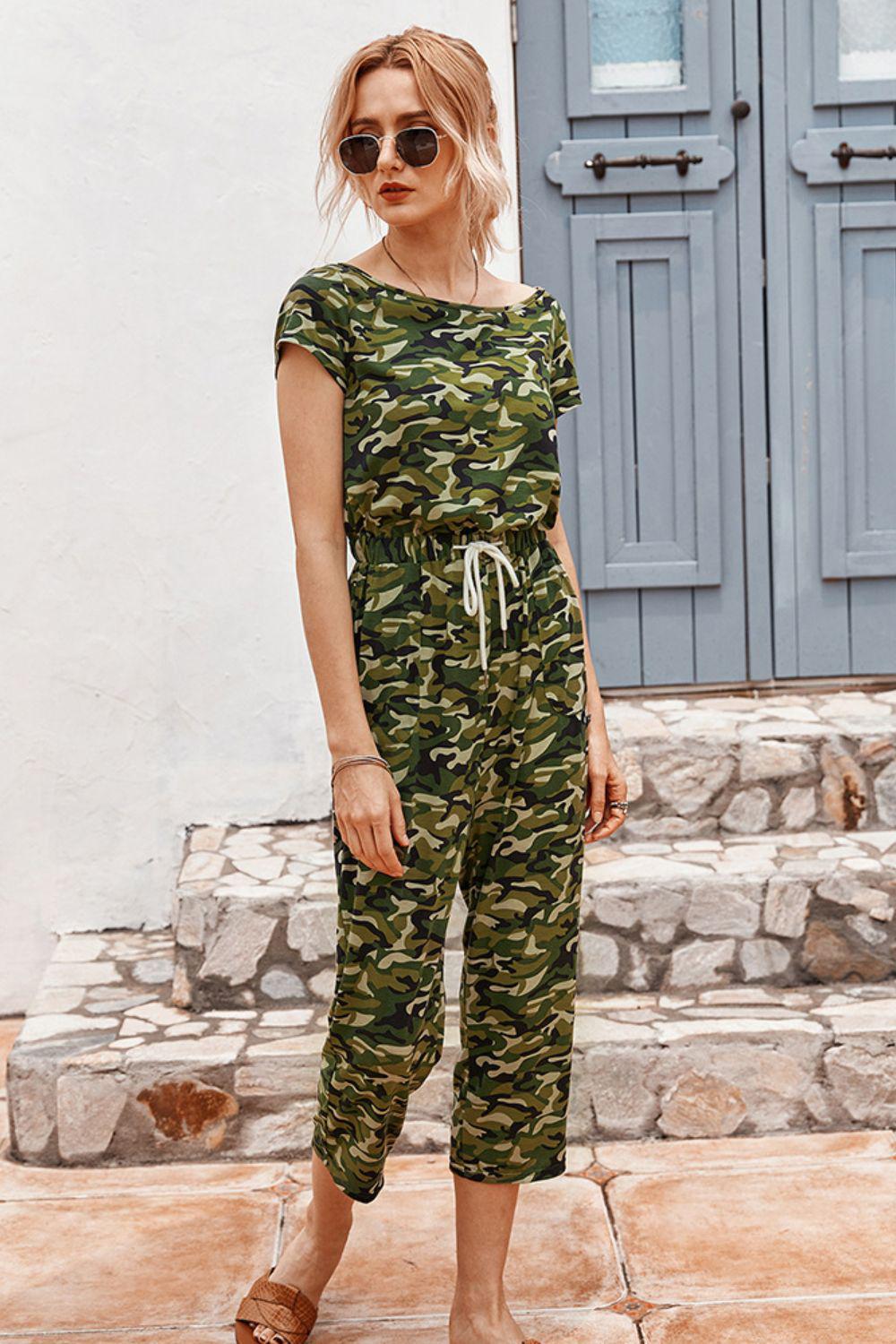 Camouflage Drawstring Crop Leg Jumpsuit BLUE ZONE PLANET