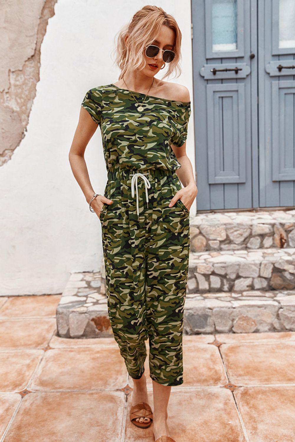 Camouflage Drawstring Crop Leg Jumpsuit BLUE ZONE PLANET