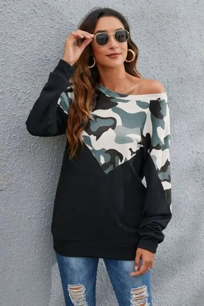 Camouflage Round Neck Long Sleeve Sweatshirt BLUE ZONE PLANET