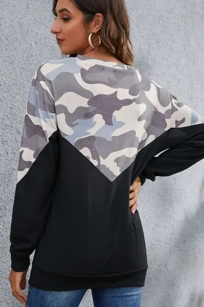 Camouflage Round Neck Long Sleeve Sweatshirt BLUE ZONE PLANET