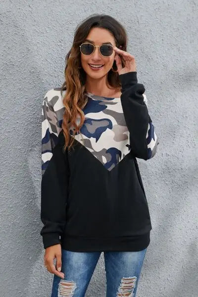 Camouflage Round Neck Long Sleeve Sweatshirt BLUE ZONE PLANET