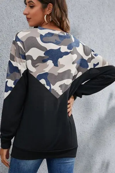 Camouflage Round Neck Long Sleeve Sweatshirt BLUE ZONE PLANET