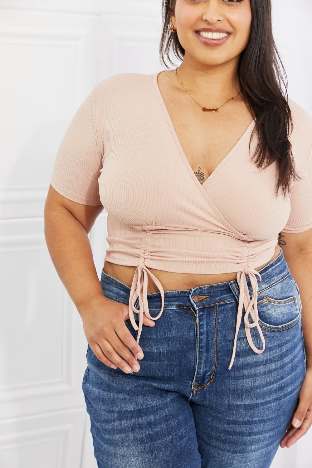 Capella Back To Simple Full Size Ribbed Front Scrunched Top in Blush BLUE ZONE PLANET