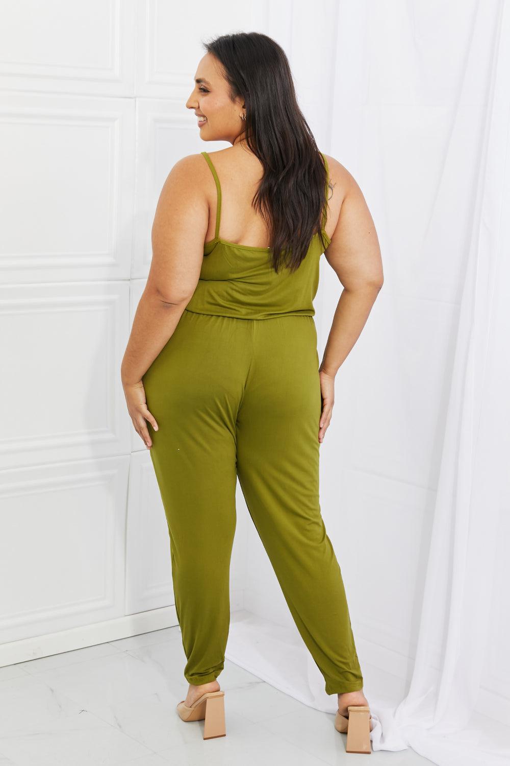 Capella Comfy Casual Full Size Solid Elastic Waistband Jumpsuit in Chartreuse BLUE ZONE PLANET