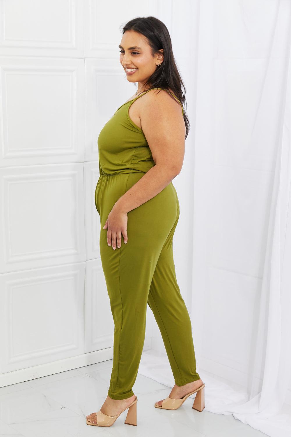 Capella Comfy Casual Full Size Solid Elastic Waistband Jumpsuit in Chartreuse BLUE ZONE PLANET