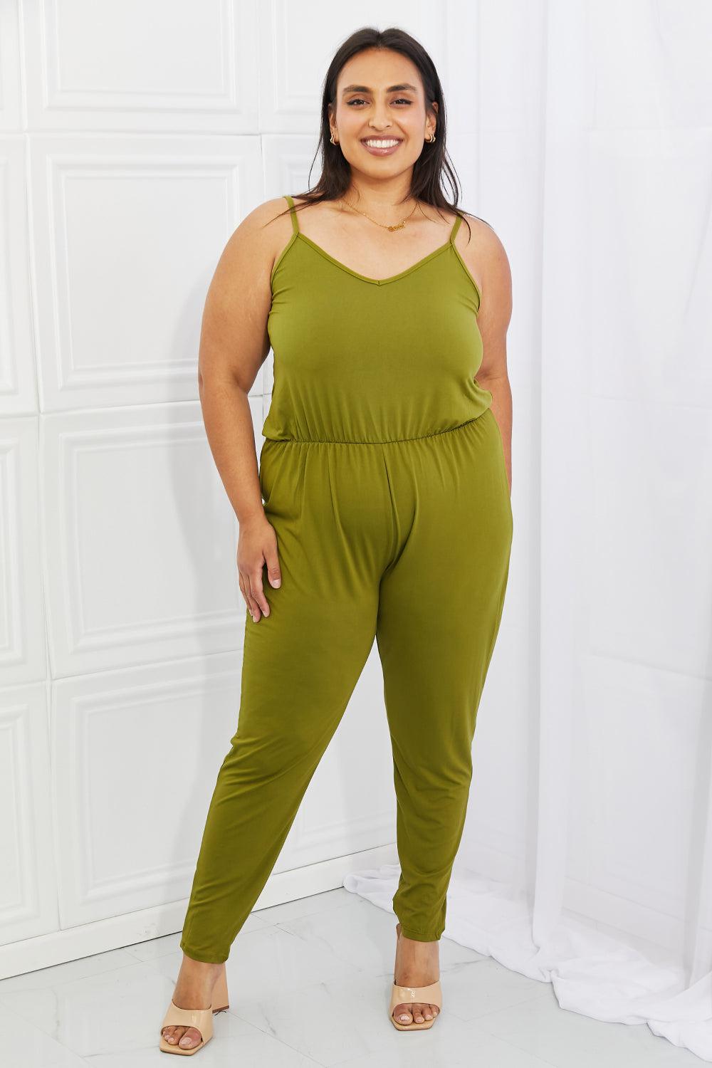 Capella Comfy Casual Full Size Solid Elastic Waistband Jumpsuit in Chartreuse BLUE ZONE PLANET