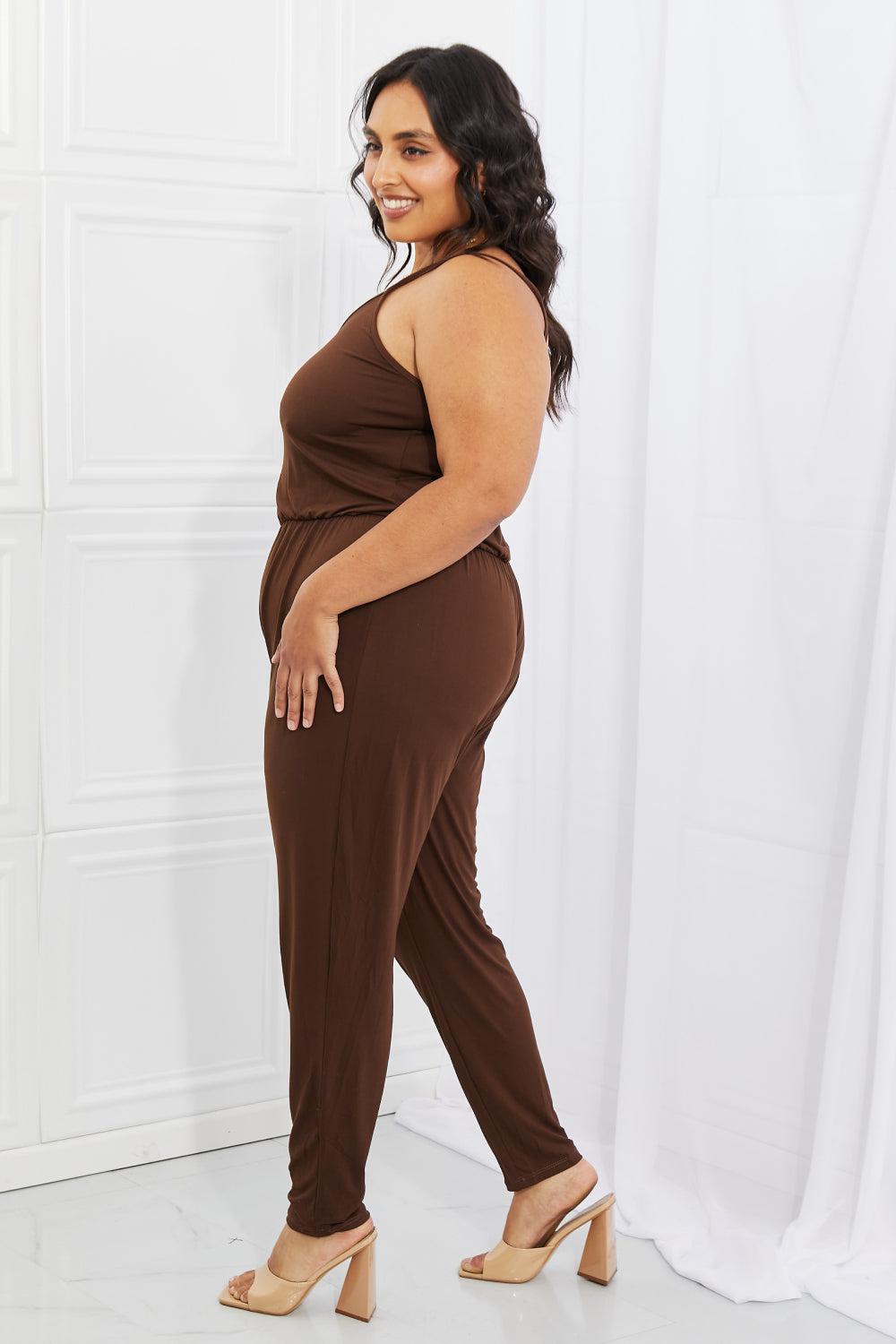 Capella Comfy Casual Full Size Solid Elastic Waistband Jumpsuit in Chocolate BLUE ZONE PLANET