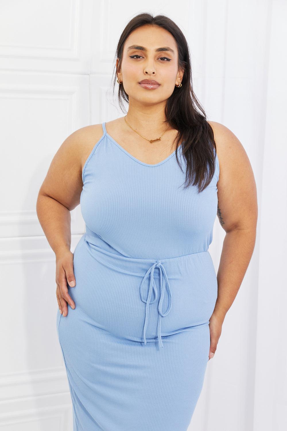 Capella Flatter Me Full Size Ribbed Front Tie Midi Dress in Pastel Blue BLUE ZONE PLANET