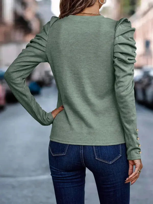 Cashmere Round Neck Slim Puff Sleeve Long Sleeve Top kakaclo