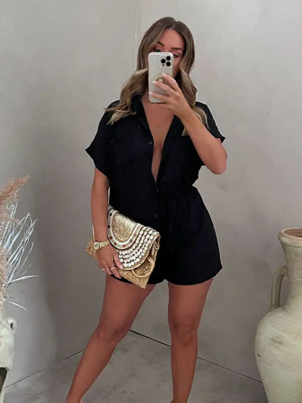 Casual Solid Color Single Breasted Sleeve Shirt Elastic Waist Shorts Two-Piece Set BLUE ZONE PLANET