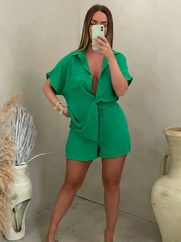 Casual Solid Color Single Breasted Sleeve Shirt Elastic Waist Shorts Two-Piece Set BLUE ZONE PLANET