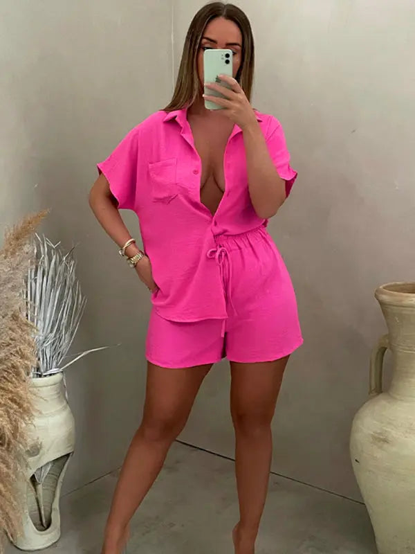 Casual Solid Color Single Breasted Sleeve Shirt Elastic Waist Shorts Two-Piece Set BLUE ZONE PLANET