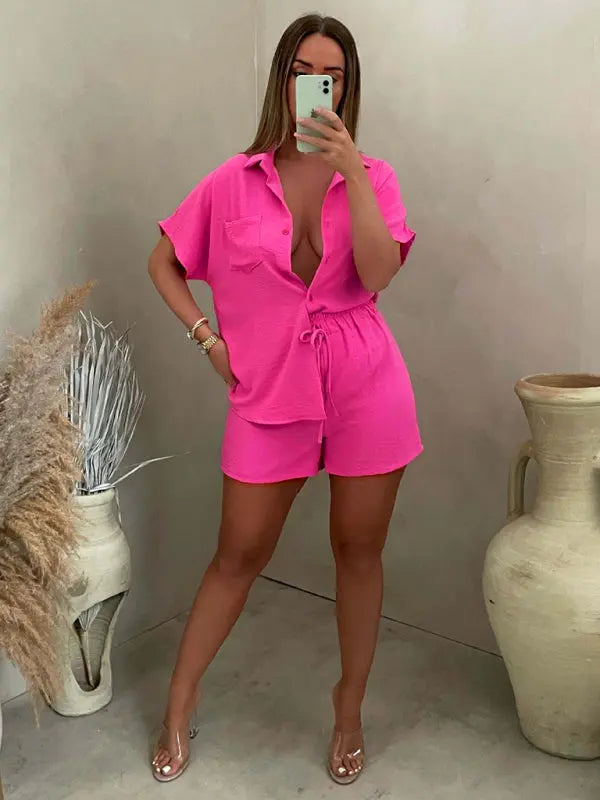 Casual Solid Color Single Breasted Sleeve Shirt Elastic Waist Shorts Two-Piece Set BLUE ZONE PLANET