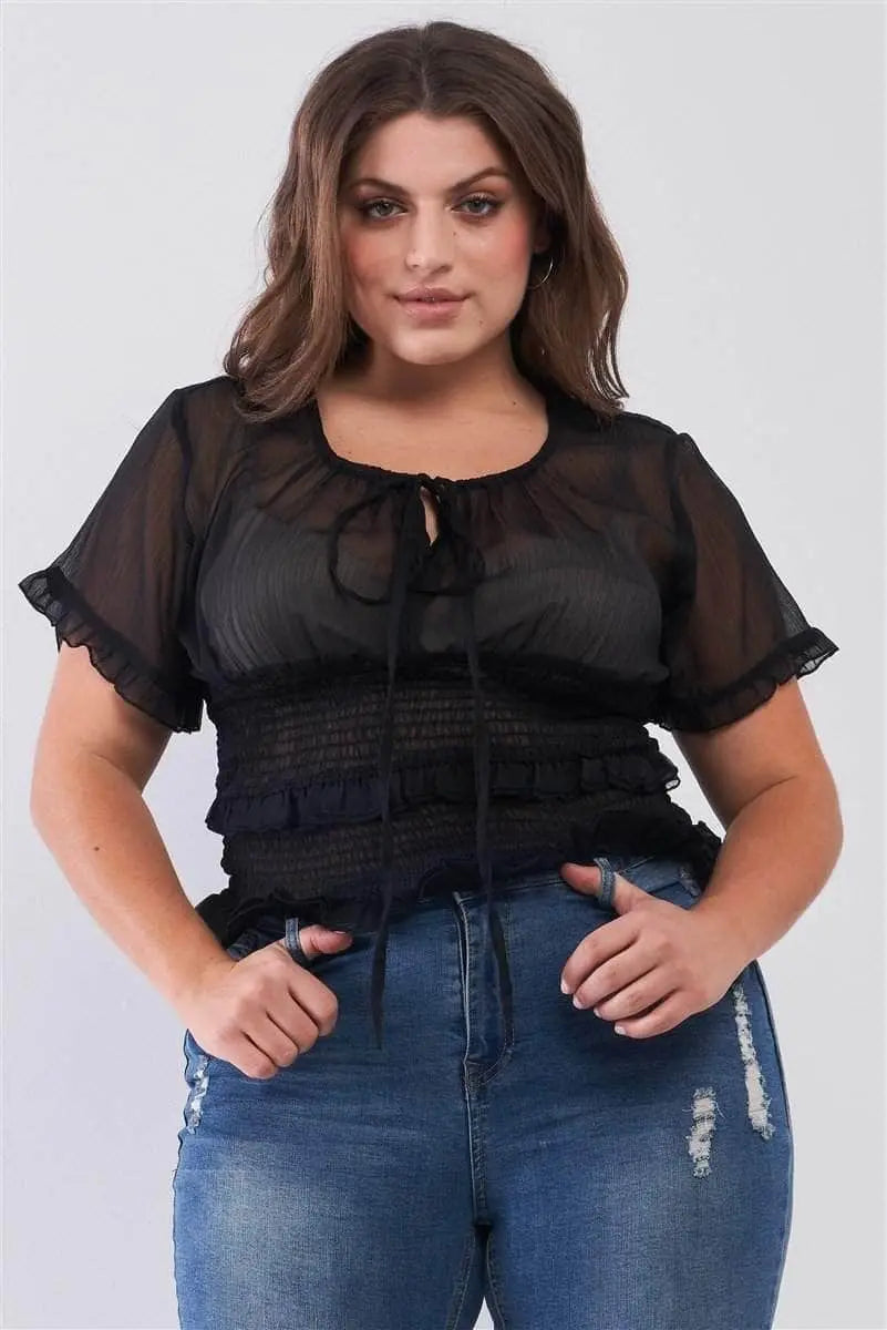 Casual Vibes Frill Smocked Sheer Top Blue Zone Planet