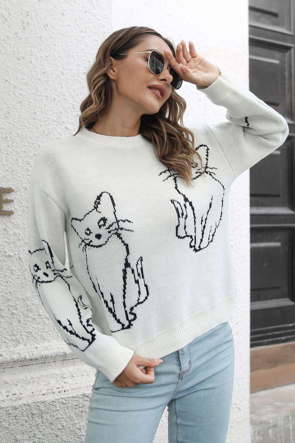 Cat Pattern Round Neck Long Sleeve Pullover Sweater BLUE ZONE PLANET