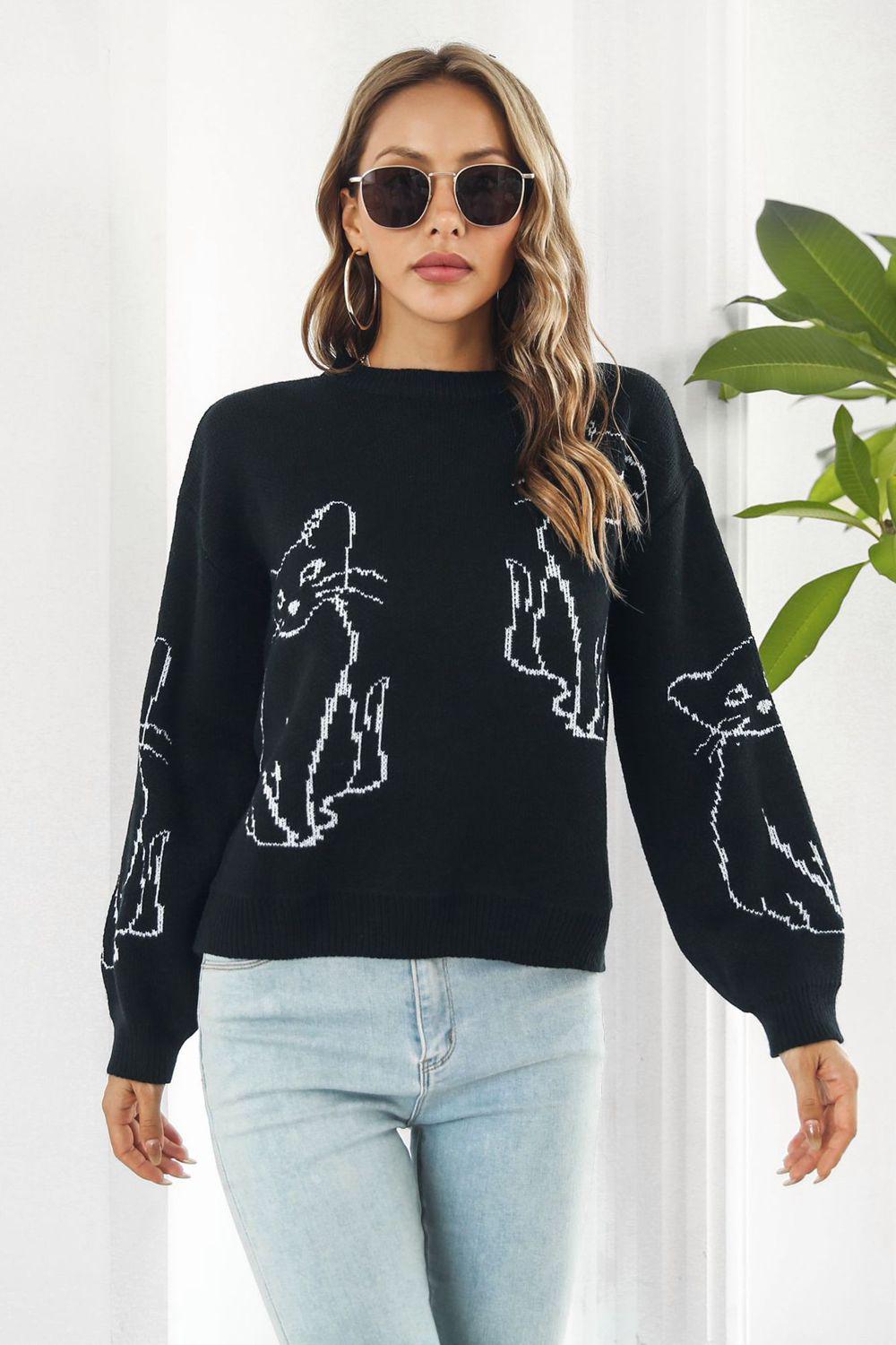 Cat Pattern Round Neck Long Sleeve Pullover Sweater BLUE ZONE PLANET