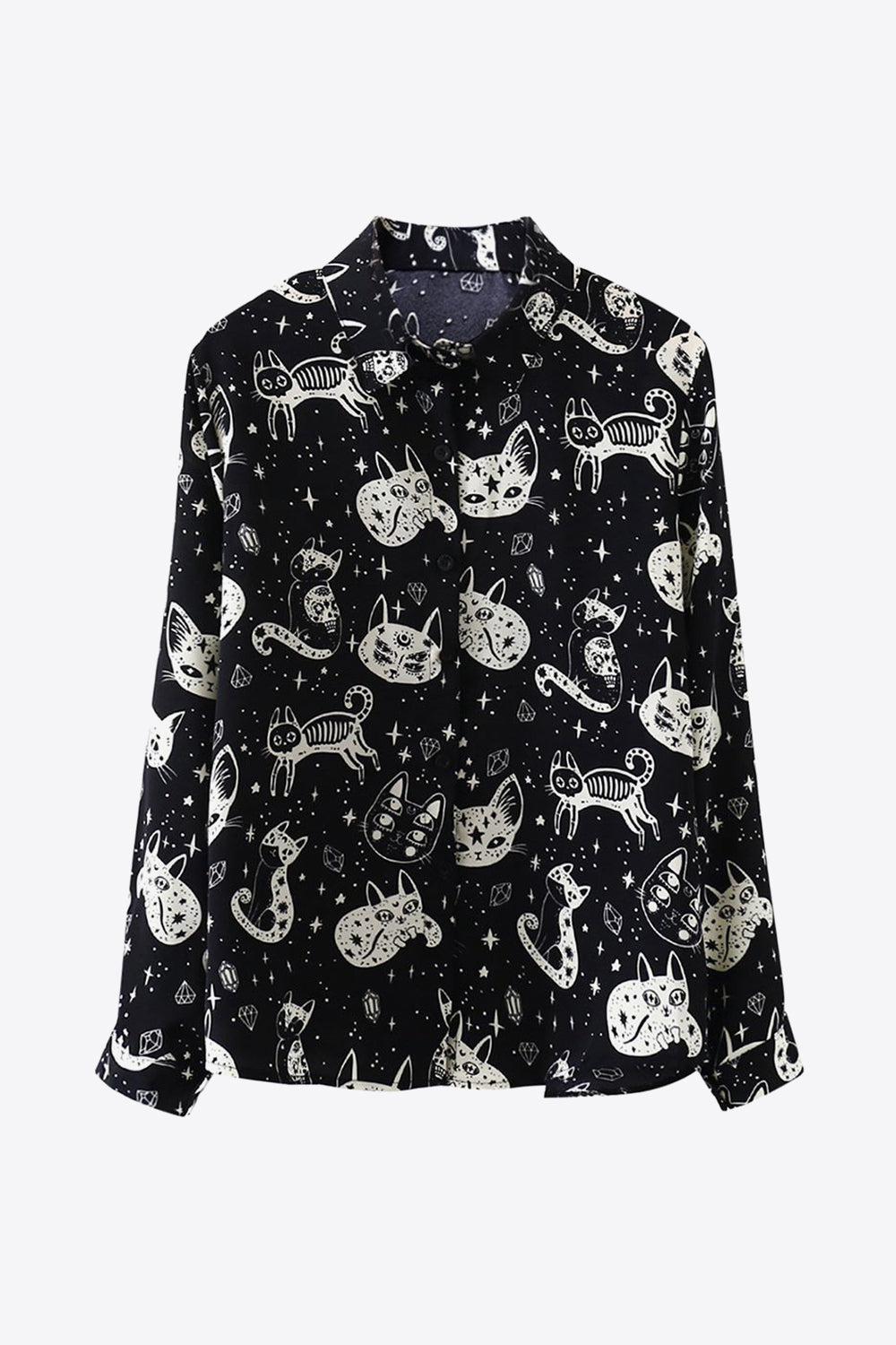 Cat Print Button-Up Shirt BLUE ZONE PLANET