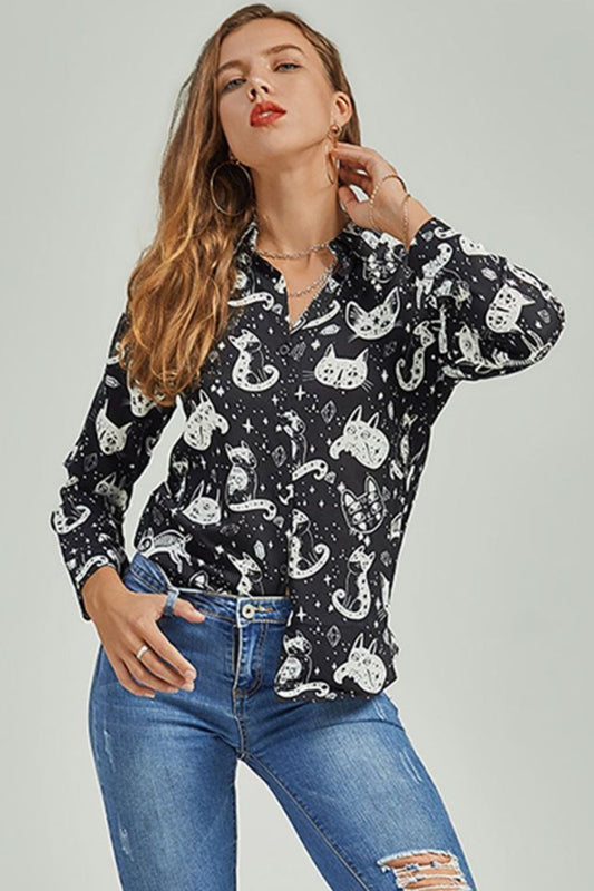 Cat Print Button-Up Shirt BLUE ZONE PLANET