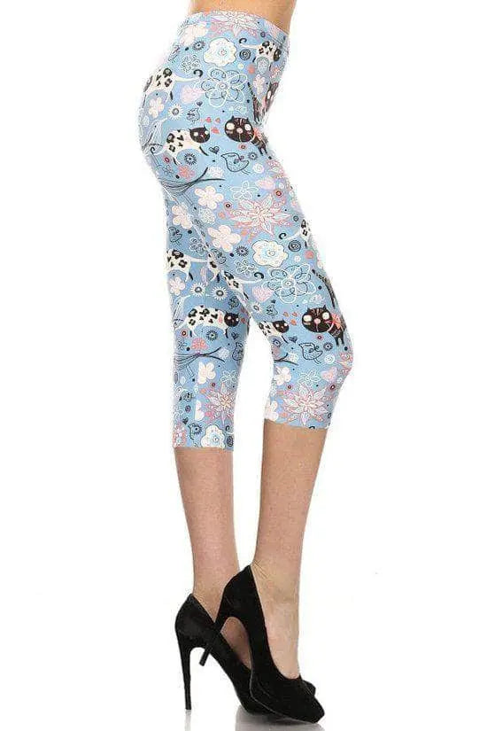 Cats And Flowers Printed, High Waisted Capri Leggings Blue Zone Planet