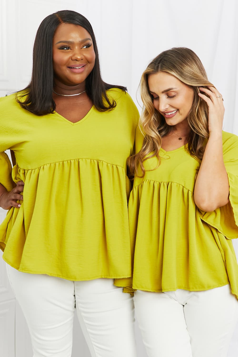 Blue Zone Planet |  Celeste Look At Me Full Size Flowy Ruffle Sleeve Top in Lime BLUE ZONE PLANET