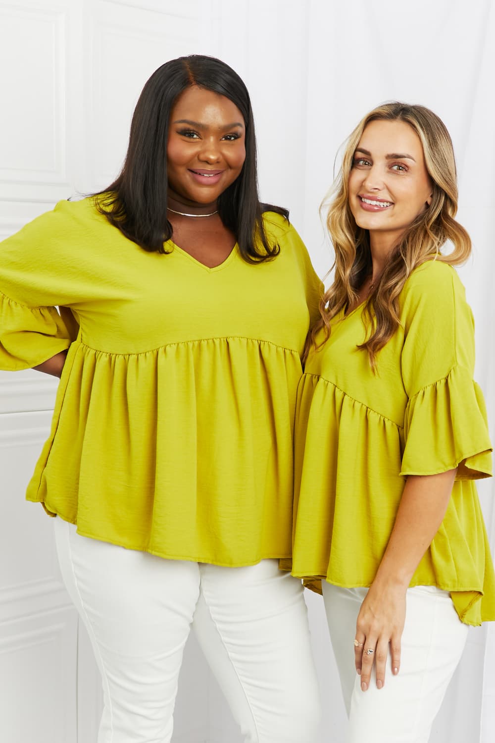 Blue Zone Planet |  Celeste Look At Me Full Size Flowy Ruffle Sleeve Top in Lime BLUE ZONE PLANET