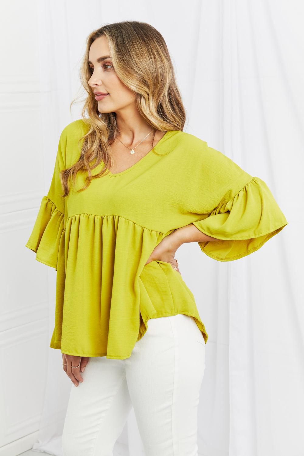 Blue Zone Planet |  Celeste Look At Me Full Size Flowy Ruffle Sleeve Top in Lime BLUE ZONE PLANET