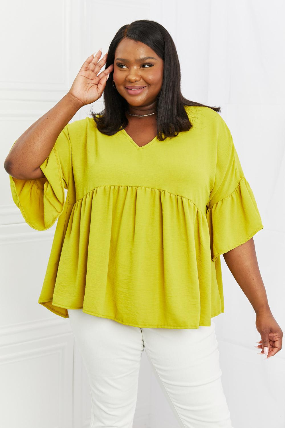Blue Zone Planet |  Celeste Look At Me Full Size Flowy Ruffle Sleeve Top in Lime BLUE ZONE PLANET