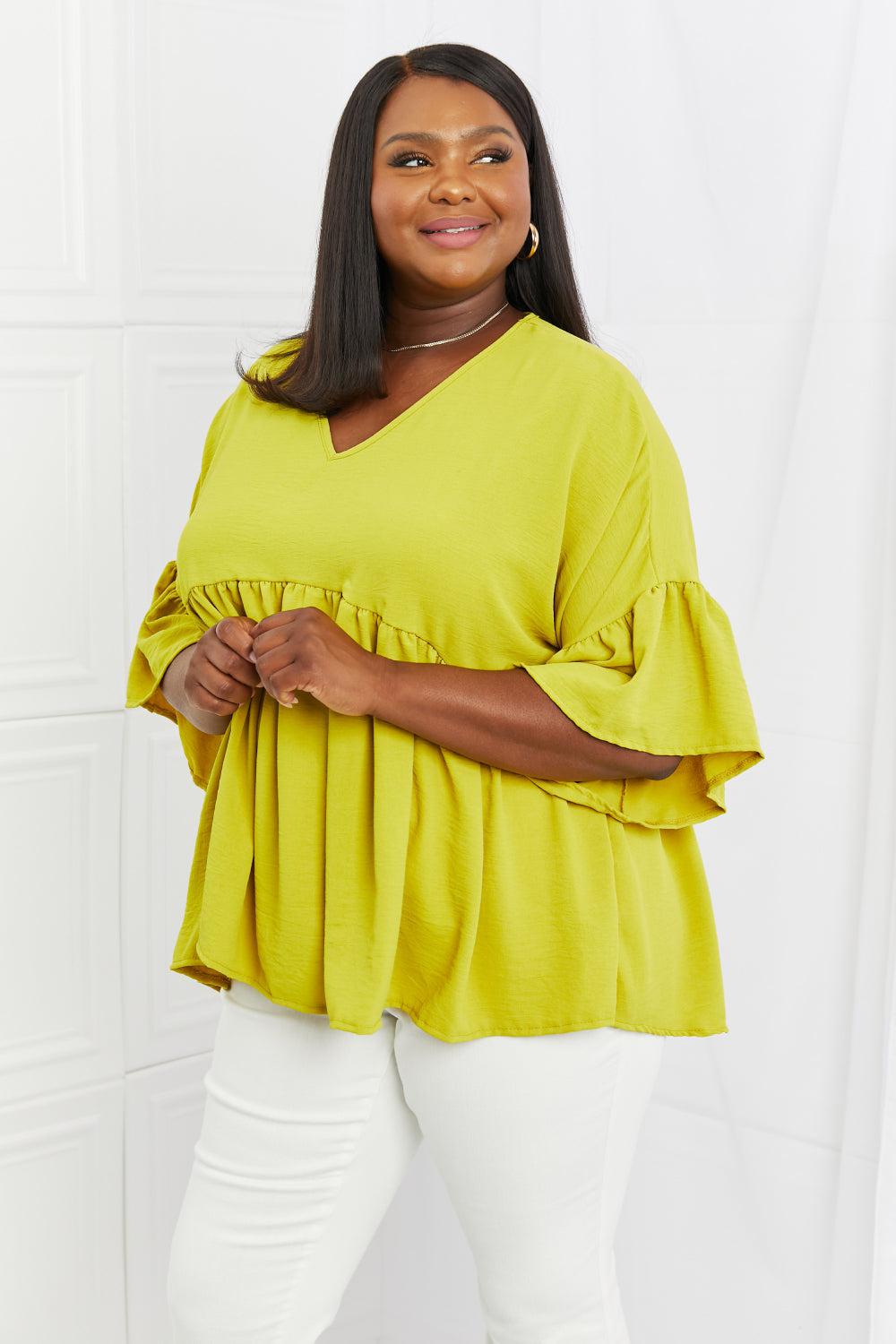 Blue Zone Planet |  Celeste Look At Me Full Size Flowy Ruffle Sleeve Top in Lime BLUE ZONE PLANET