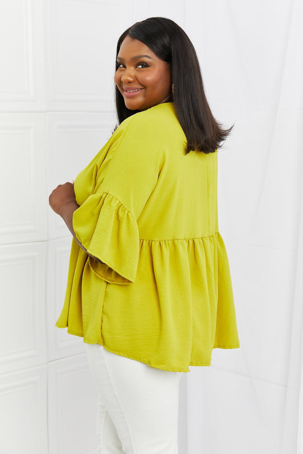 Blue Zone Planet |  Celeste Look At Me Full Size Flowy Ruffle Sleeve Top in Lime BLUE ZONE PLANET