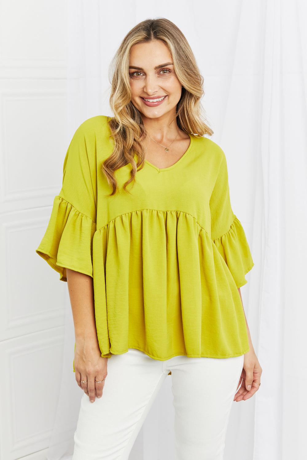 Blue Zone Planet |  Celeste Look At Me Full Size Flowy Ruffle Sleeve Top in Lime BLUE ZONE PLANET