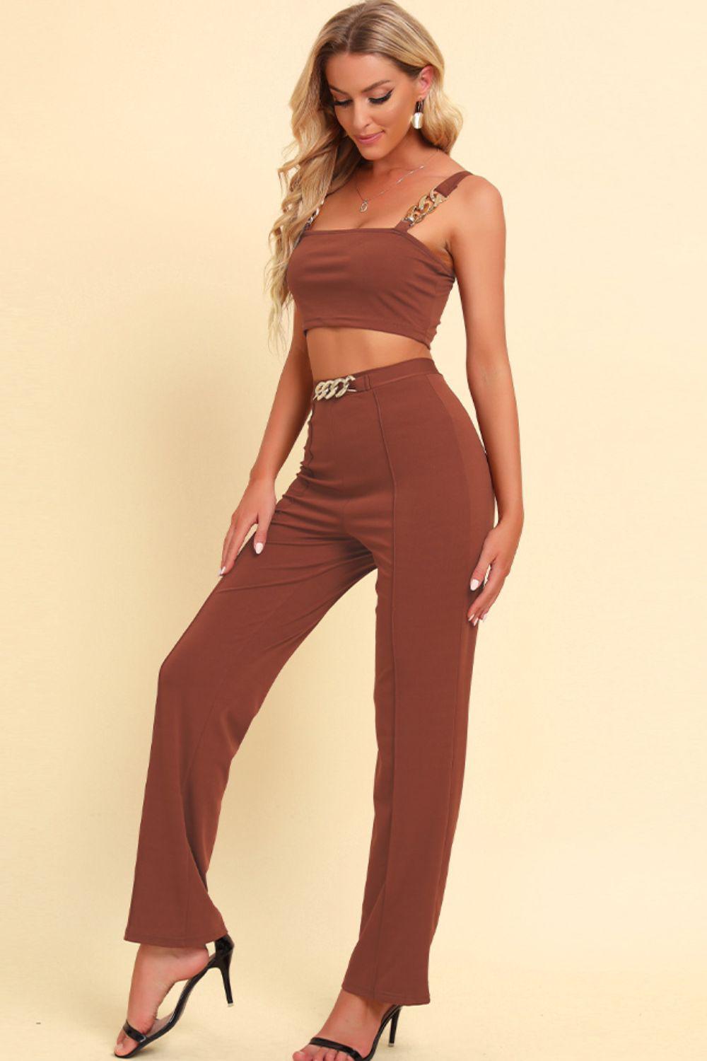 Chain Detail Cropped Cami and Straight Leg Pants Set BLUE ZONE PLANET