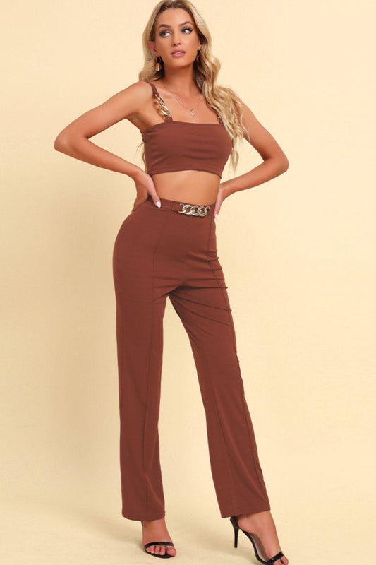 Chain Detail Cropped Cami and Straight Leg Pants Set BLUE ZONE PLANET