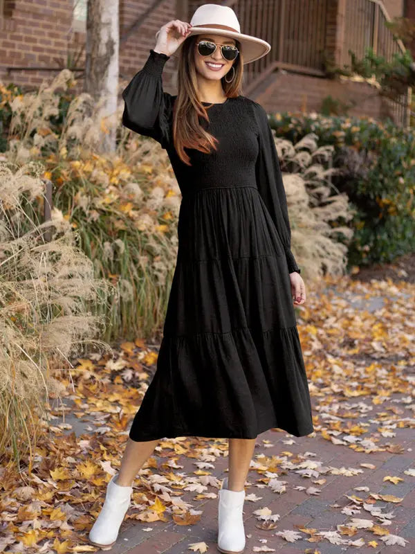 Charming Ruffled Round Neck Long Sleeve Dress kakaclo