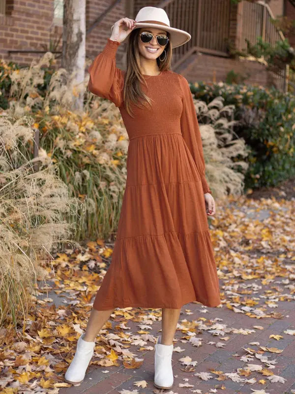 Charming Ruffled Round Neck Long Sleeve Dress kakaclo