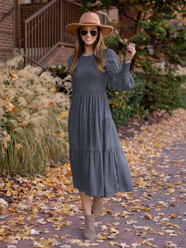 Charming Ruffled Round Neck Long Sleeve Dress kakaclo