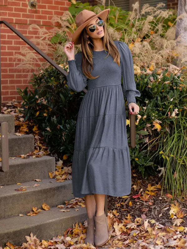 Charming Ruffled Round Neck Long Sleeve Dress kakaclo