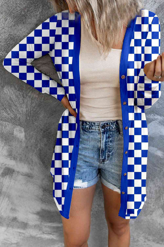 Checkered Button Up Long Cardigan BLUE ZONE PLANET