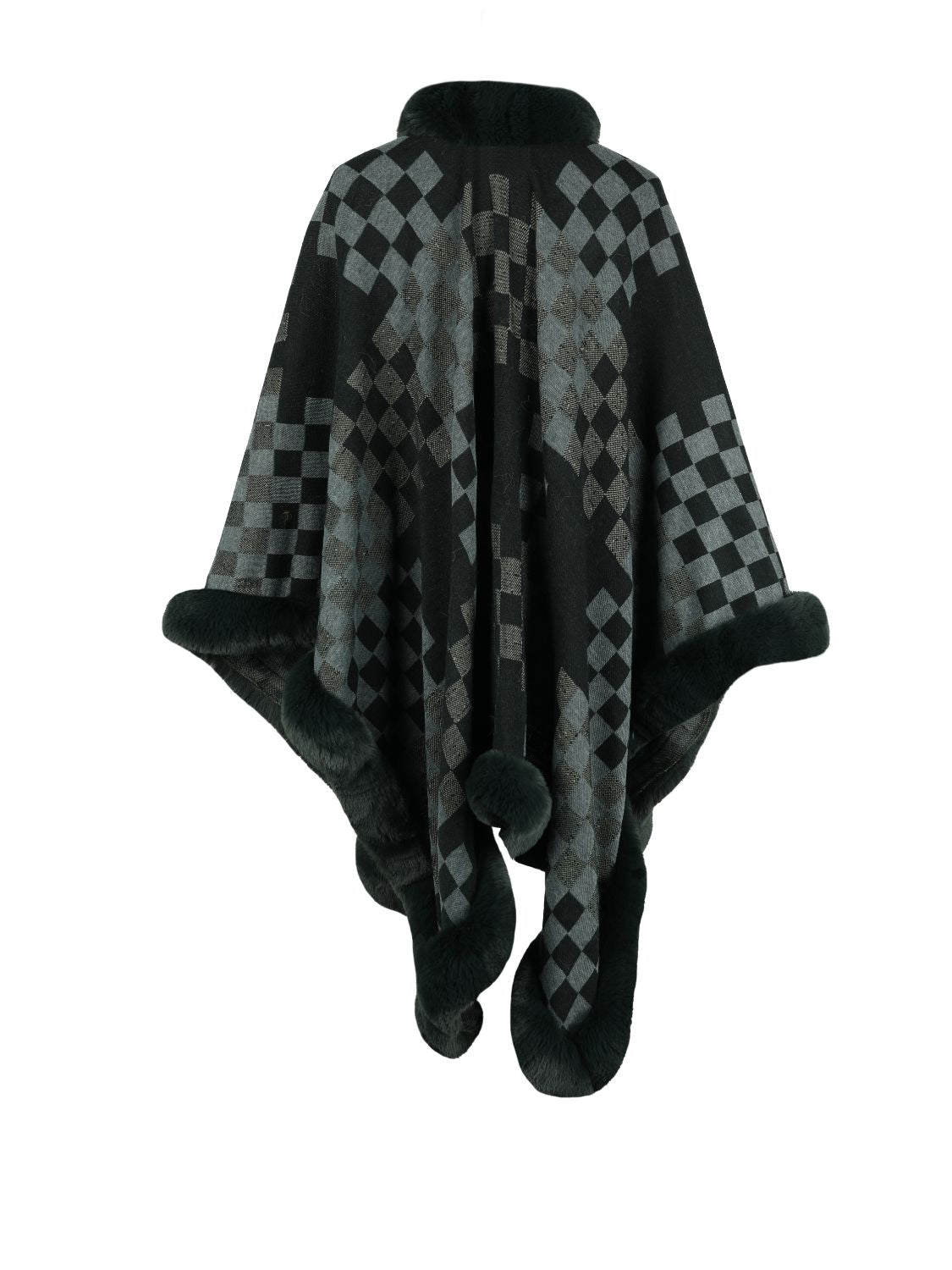 Checkered Faux Fur Trim Poncho BLUE ZONE PLANET