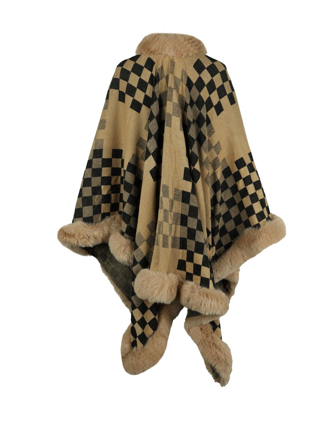 Checkered Faux Fur Trim Poncho BLUE ZONE PLANET