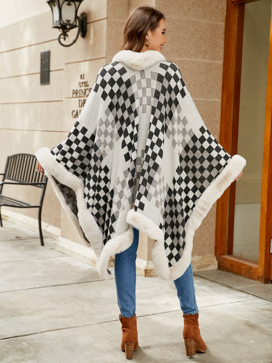 Checkered Faux Fur Trim Poncho BLUE ZONE PLANET