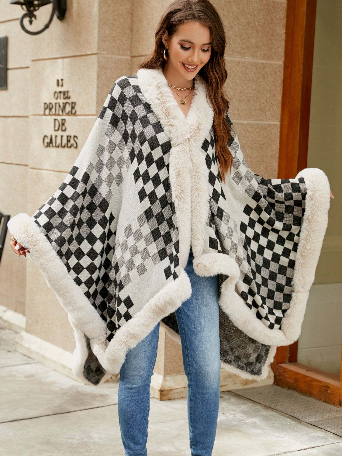 Checkered Faux Fur Trim Poncho BLUE ZONE PLANET