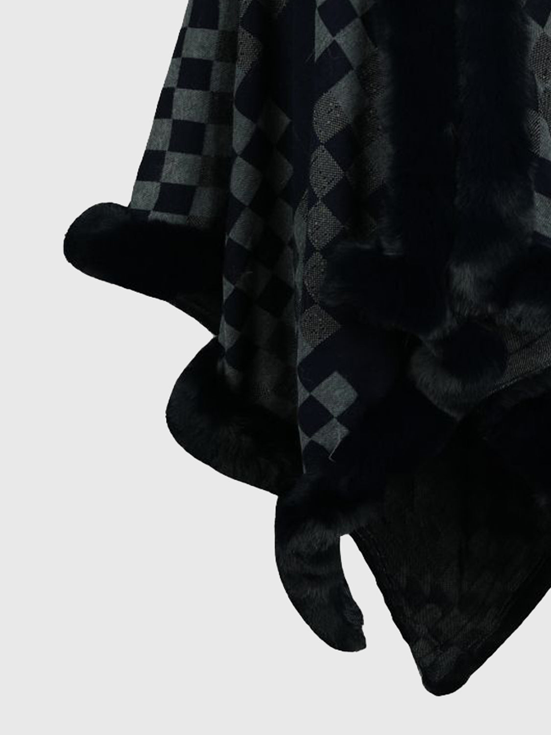 Checkered Faux Fur Trim Poncho BLUE ZONE PLANET