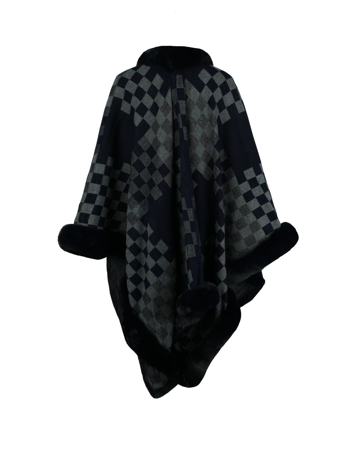 Checkered Faux Fur Trim Poncho BLUE ZONE PLANET