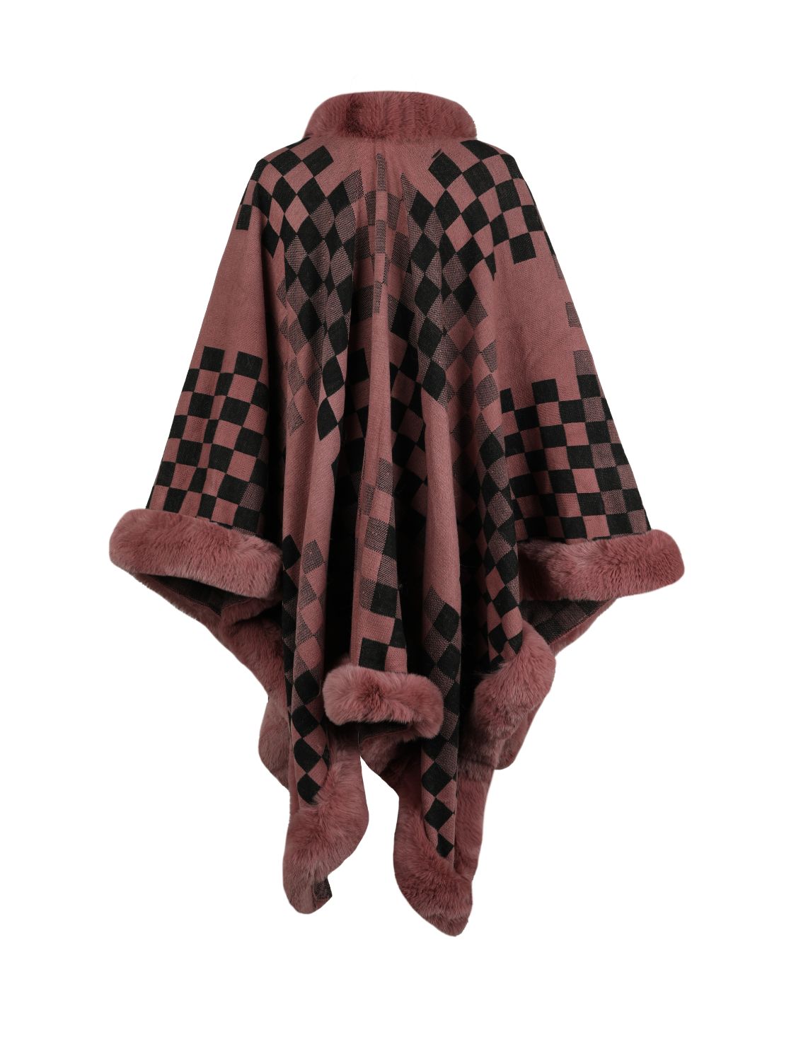 Checkered Faux Fur Trim Poncho BLUE ZONE PLANET