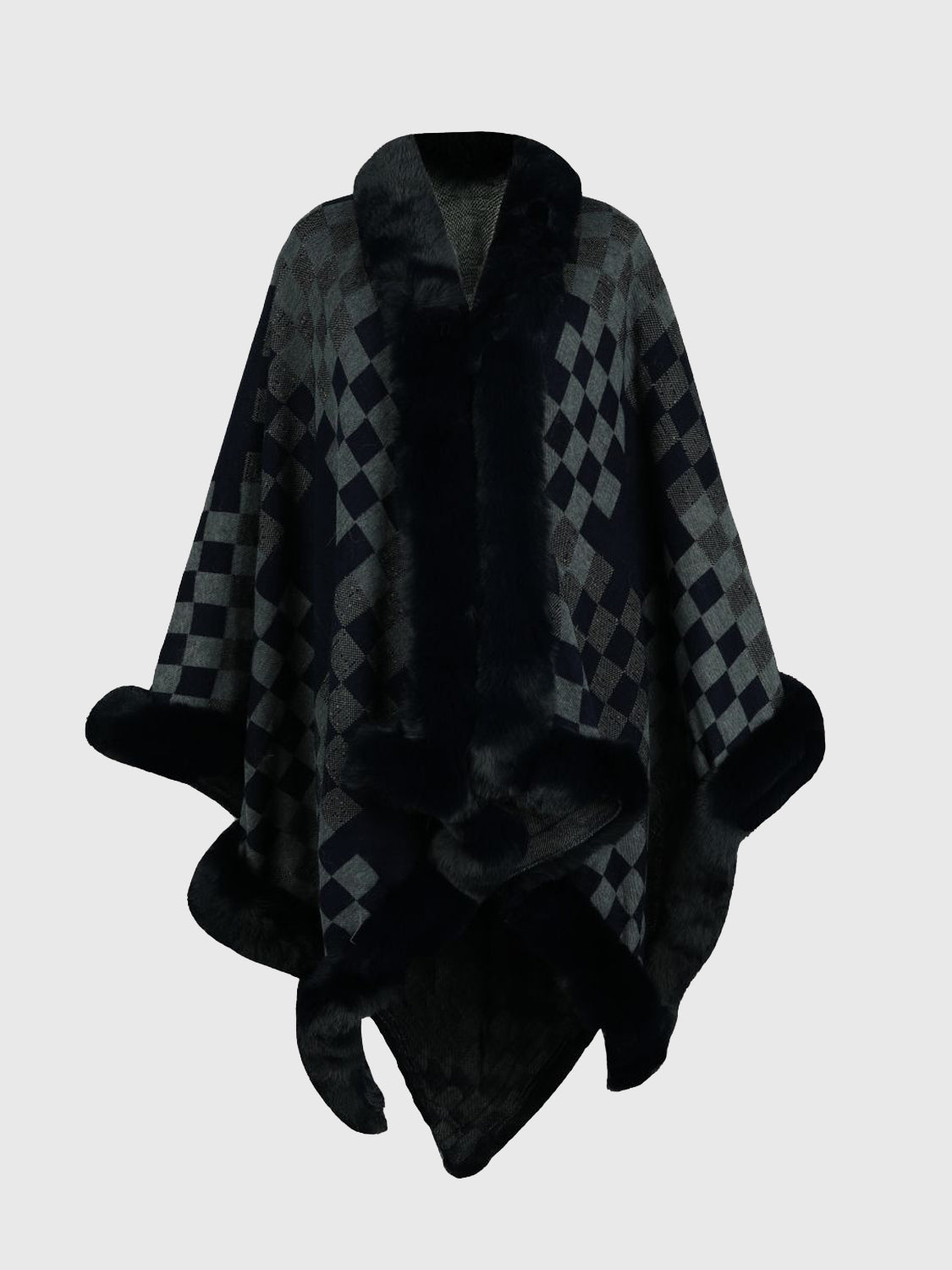 Checkered Faux Fur Trim Poncho BLUE ZONE PLANET