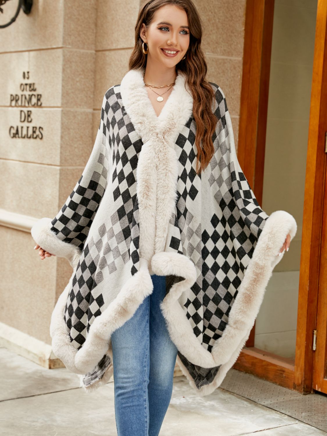 Checkered Faux Fur Trim Poncho BLUE ZONE PLANET