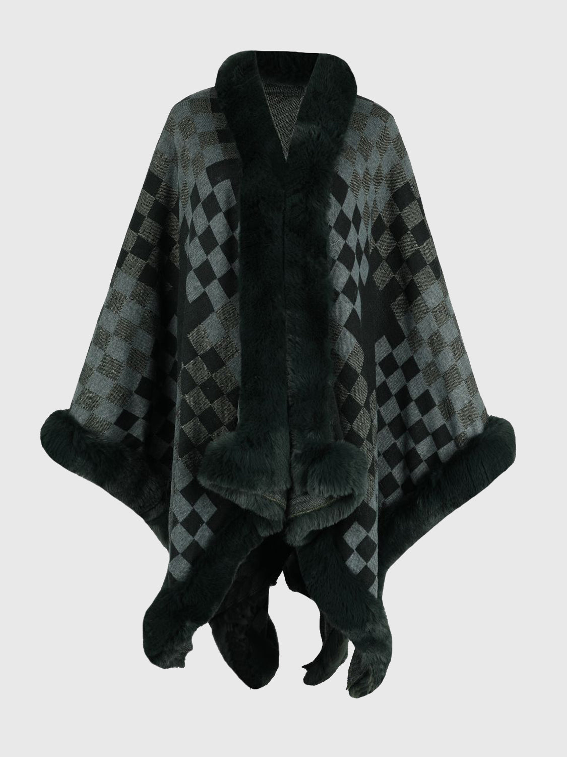 Checkered Faux Fur Trim Poncho BLUE ZONE PLANET