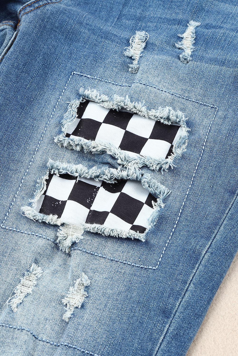 Checkered Patchwork Mid Waist Distressed Jeans BLUE ZONE PLANET