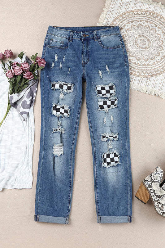 Checkered Patchwork Mid Waist Distressed Jeans BLUE ZONE PLANET